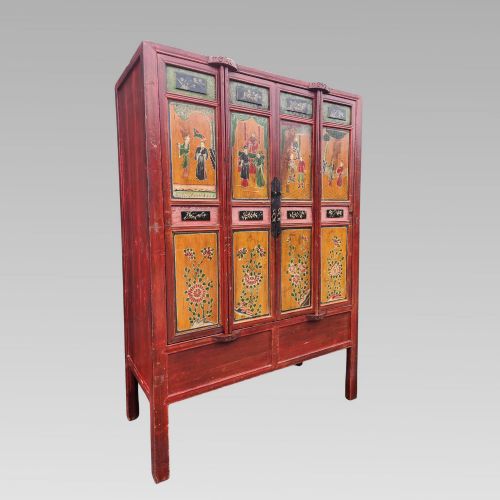 EXCEPTIONAL ANTIQUE CHINESE CHINOISERIE ORIENTAL RED STORAGE MARRIAGE CABINET