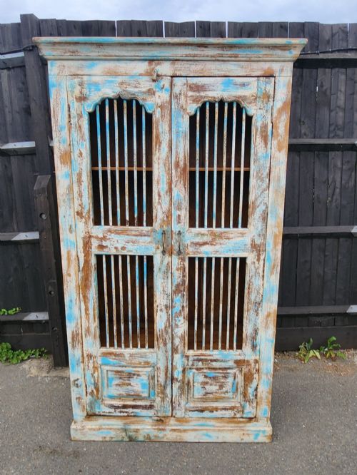 STUNNING RECLAIMED INDIAN TEAK PAINTED STORAGE CUPBOARD OR WARDROBE W SHELVES - ADDITIONAL PHOTO 1