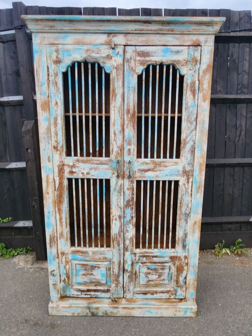 STUNNING RECLAIMED INDIAN TEAK PAINTED STORAGE CUPBOARD OR WARDROBE W SHELVES - ADDITIONAL PHOTO 12