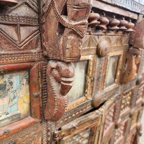 FABULOUS LARGE ANTIQUE INDIAN DAMCHIYA CARVED TEAK DOWRY CHEST STORAGE CABINET - ADDITIONAL PHOTO 13