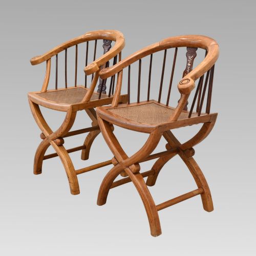 Fabulous Pair of Antique Chinese Bone Inlaid Fruitwood & Cane Horseshoe Chairs