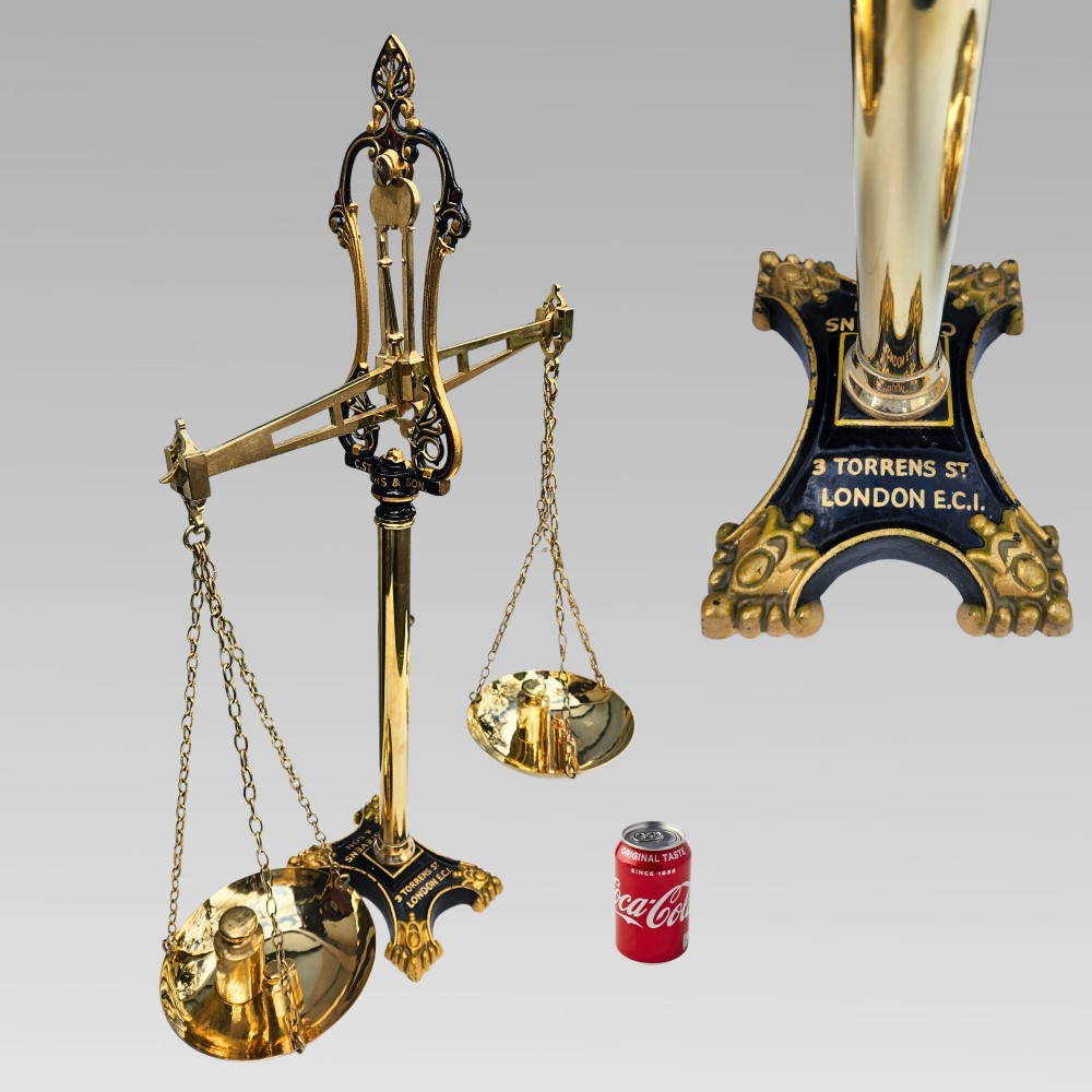 Exceptional Antique City of London Brass Bankers Scales C. Stevens Gold Gilt EC1