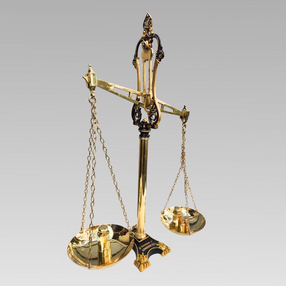 Exceptional Antique City of London Brass Bankers Scales C. Stevens Gold Gilt EC1 View II