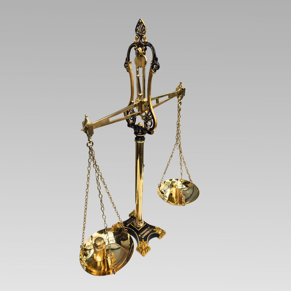 Exceptional Antique City of London Brass Bankers Scales C. Stevens Gold Gilt EC1 View III