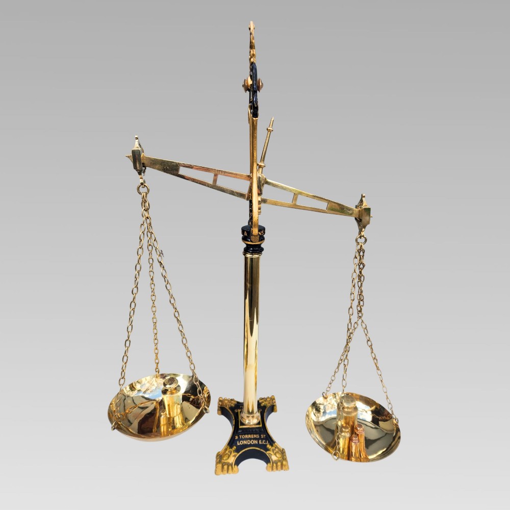 Exceptional Antique City of London Brass Bankers Scales C. Stevens Gold Gilt EC1 View VIII