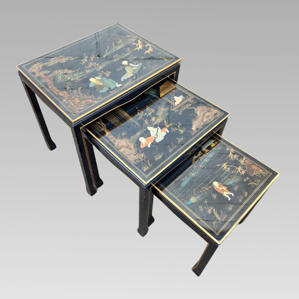 Exceptional Hand Painted Enamel Chinoiserie Oriental Black Lacquer Nest of Three Tables