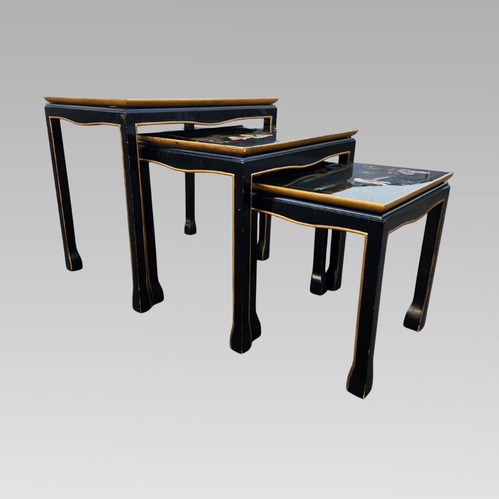 Exceptional Hand Painted Enamel Chinoiserie Oriental Black Lacquer Nest of Three Tables View III
