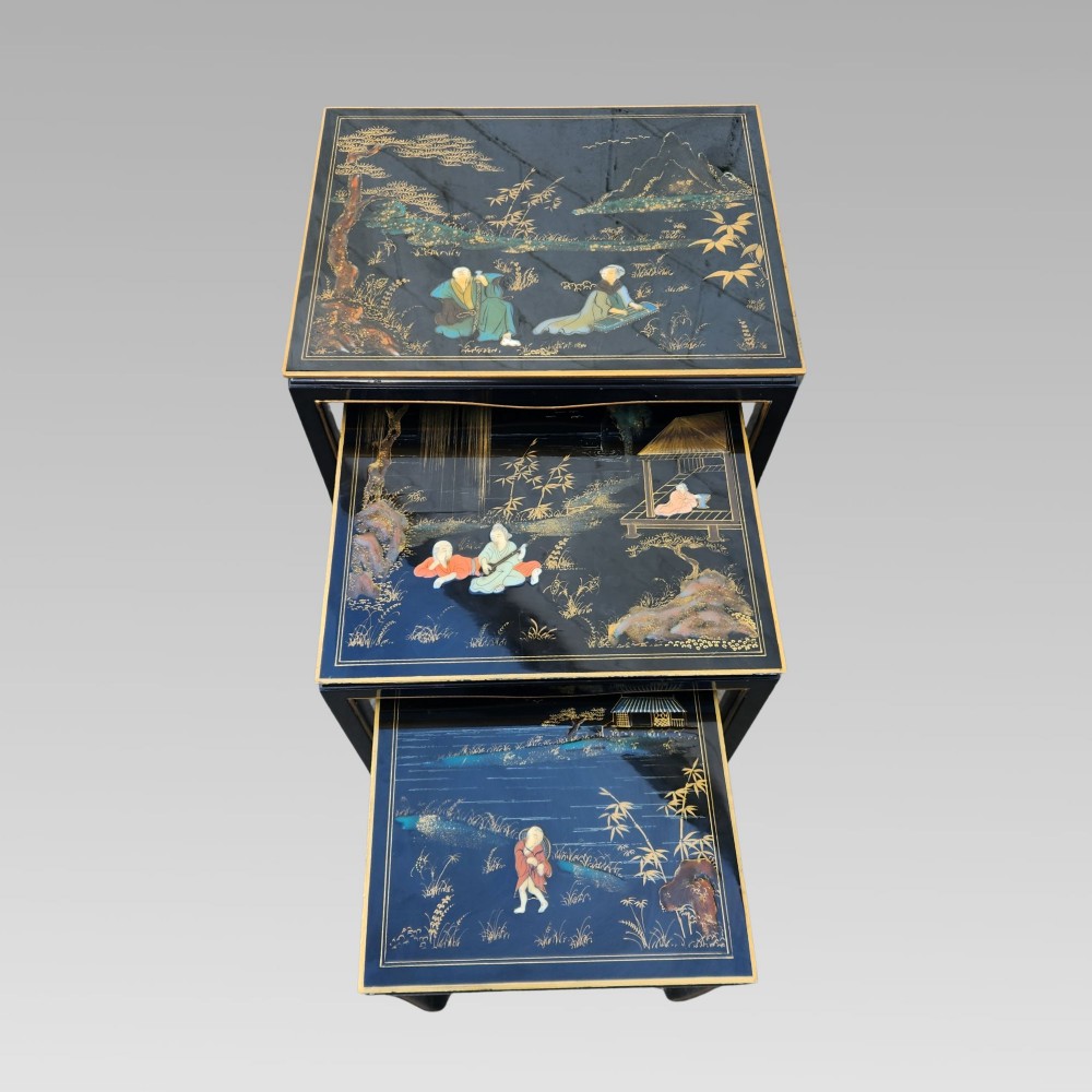 Exceptional Hand Painted Enamel Chinoiserie Oriental Black Lacquer Nest of Three Tables View IV
