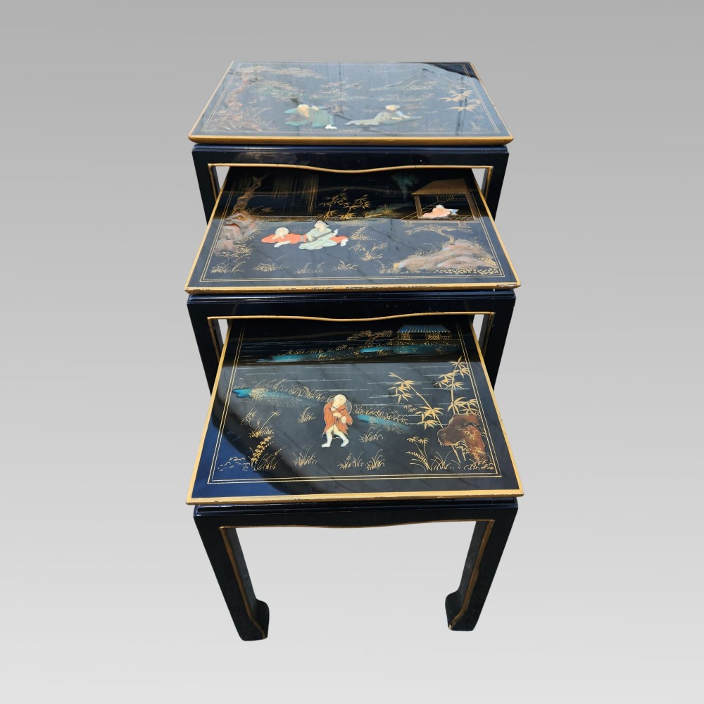 Exceptional Hand Painted Enamel Chinoiserie Oriental Black Lacquer Nest of Three Tables View V