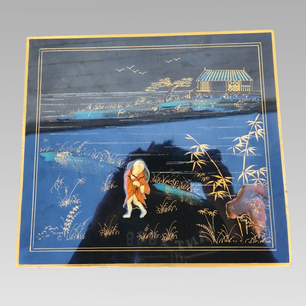 Exceptional Hand Painted Enamel Chinoiserie Oriental Black Lacquer Nest of Three Tables View VI