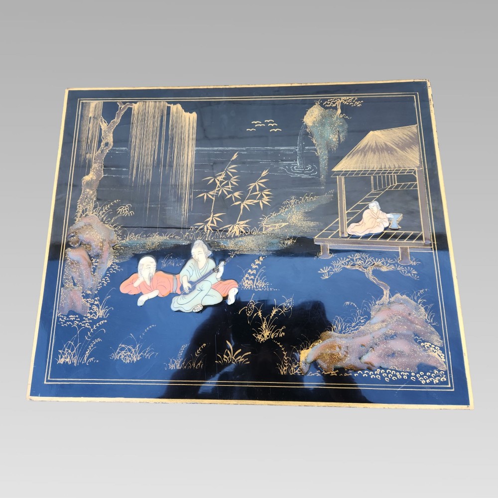 Exceptional Hand Painted Enamel Chinoiserie Oriental Black Lacquer Nest of Three Tables View VII