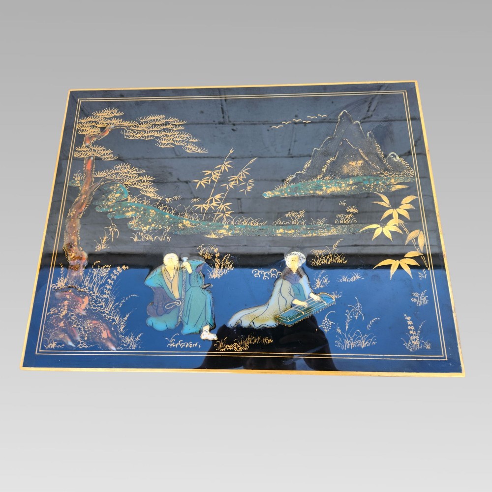 Exceptional Hand Painted Enamel Chinoiserie Oriental Black Lacquer Nest of Three Tables View VIII
