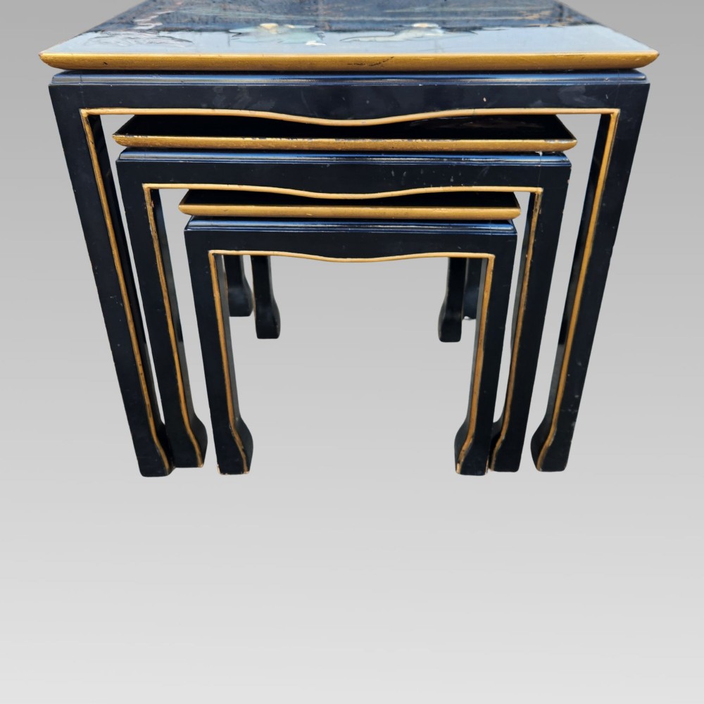 Exceptional Hand Painted Enamel Chinoiserie Oriental Black Lacquer Nest of Three Tables View IX