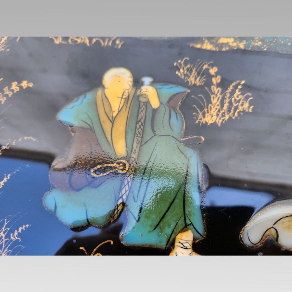 Exceptional Hand Painted Enamel Chinoiserie Oriental Black Lacquer Nest of Three Tables View X