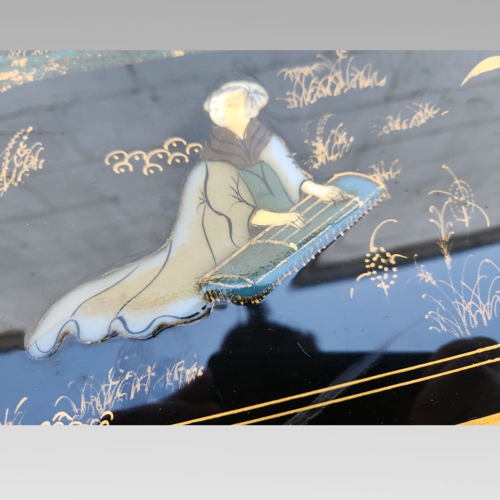 Exceptional Hand Painted Enamel Chinoiserie Oriental Black Lacquer Nest of Three Tables View XI