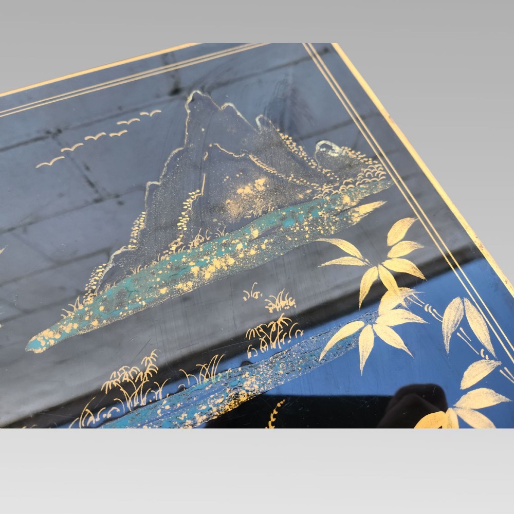 Exceptional Hand Painted Enamel Chinoiserie Oriental Black Lacquer Nest of Three Tables View XII