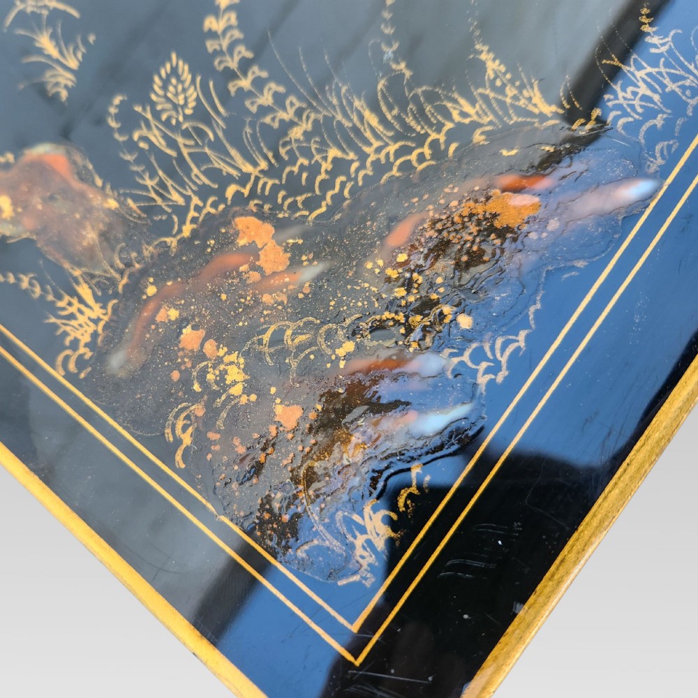Exceptional Hand Painted Enamel Chinoiserie Oriental Black Lacquer Nest of Three Tables View XIV