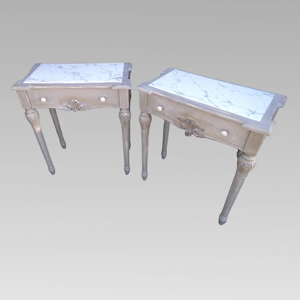 Original Quality Marble Inset Distressed Pair French Bedside or Console Tables