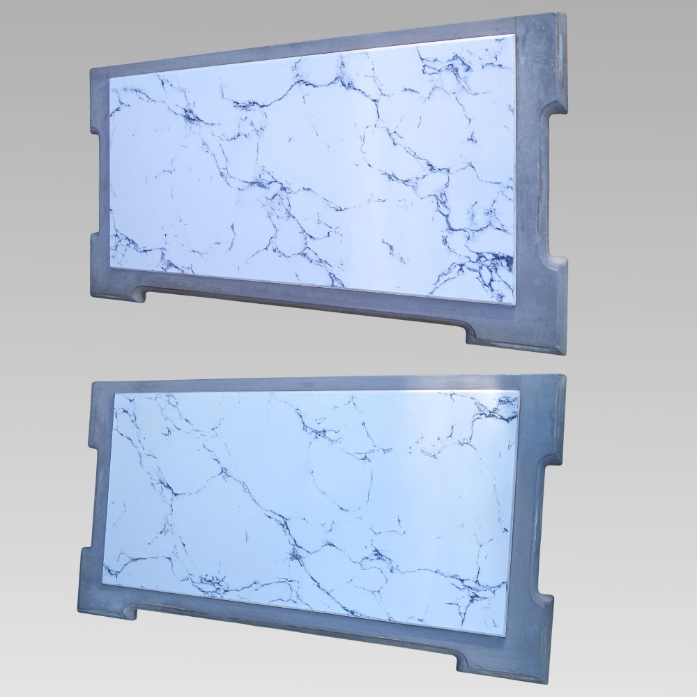 A pair of distressed grey painted French bedside tables featuring white marble inset tops and carved wooden legs. View IV