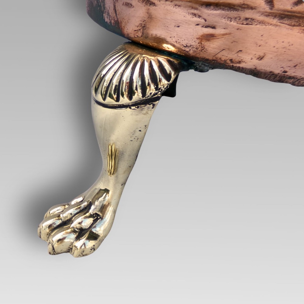 Exceptional Antique 19th Century Copper Riveted Brass Claw Feet Log Bucket, Coal View III