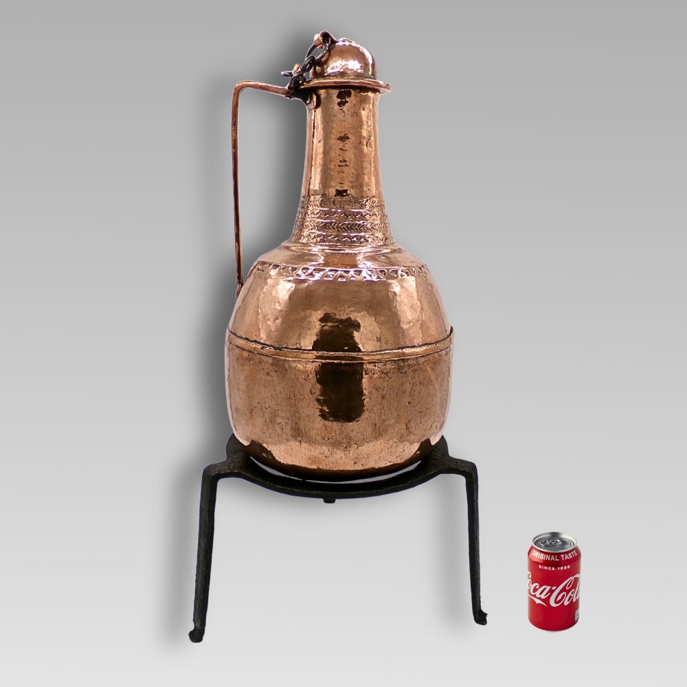 Large Rare Decorative Antique Polished Copper Turkish Ewer Water Jug Iron Stand