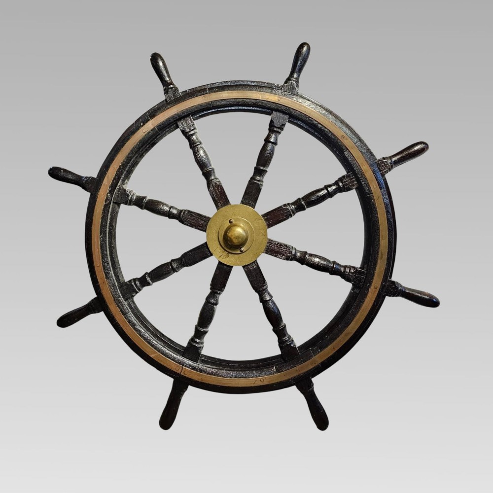 Fabulous Original Large Antique Late 19th Century Brass & Oak Ships Wheel