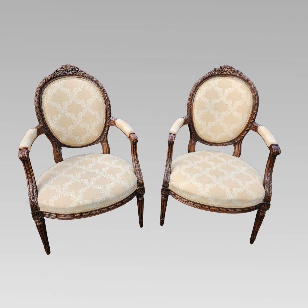Matched Pair of Antique French Walnut Upholstered Salon Armchairs Bedroom Chairs