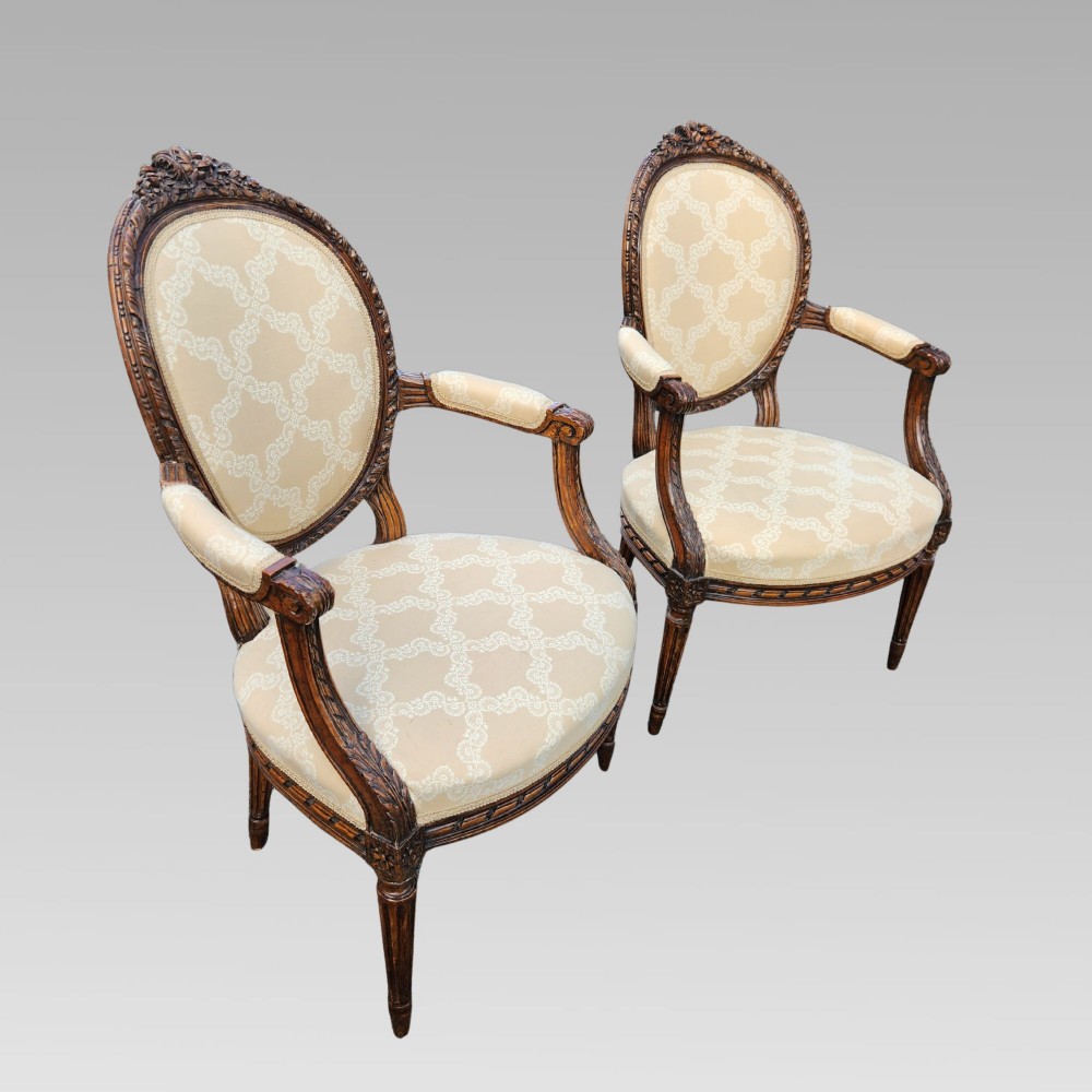 Matched Pair of Antique French Walnut Upholstered Salon Armchairs Bedroom Chairs View II