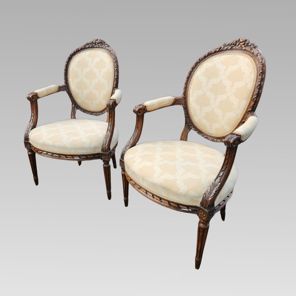 Matched Pair of Antique French Walnut Upholstered Salon Armchairs Bedroom Chairs View III