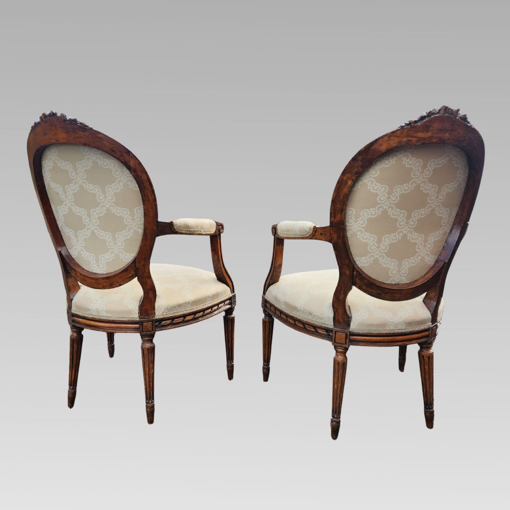Matched Pair of Antique French Walnut Upholstered Salon Armchairs Bedroom Chairs View VI