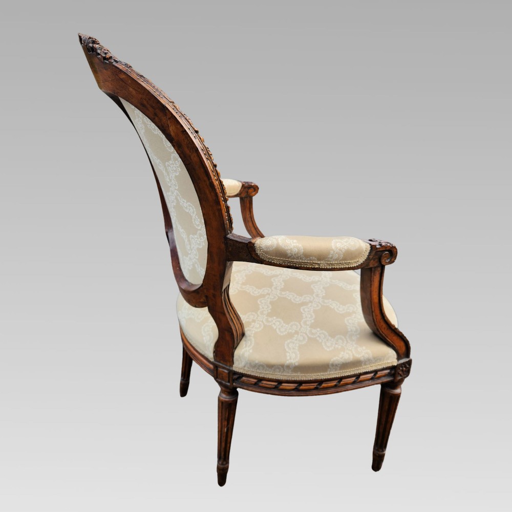 Matched Pair of Antique French Walnut Upholstered Salon Armchairs Bedroom Chairs View VII