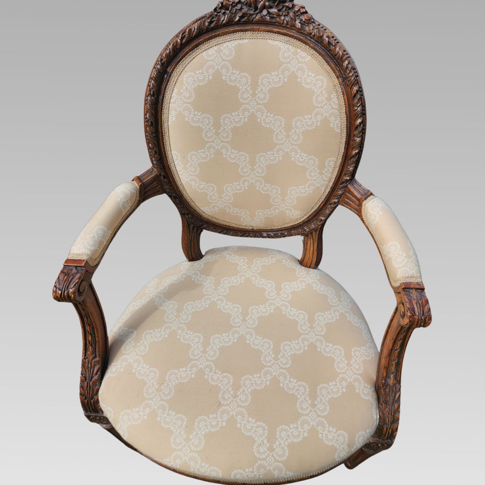 Matched Pair of Antique French Walnut Upholstered Salon Armchairs Bedroom Chairs View VIII
