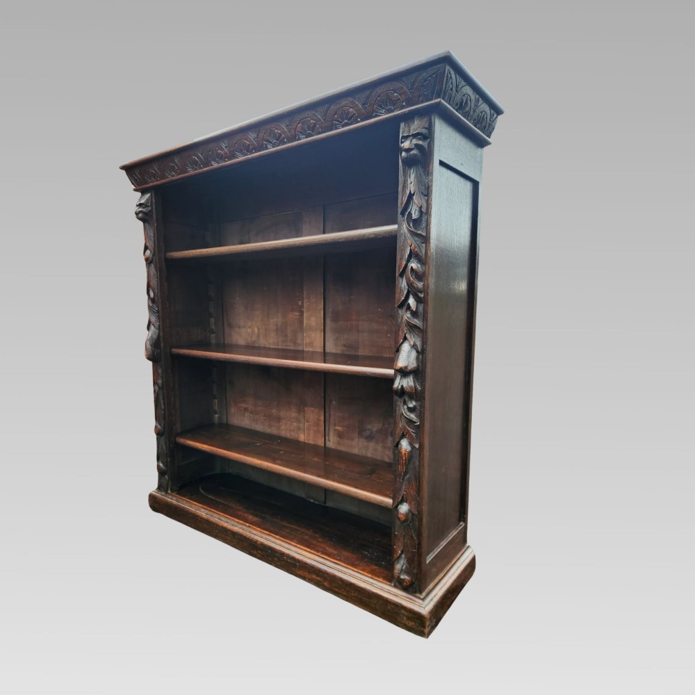 Stunning Antique Victorian Carved Oak Green Man Bookcase, Greenman Book Shelves View III