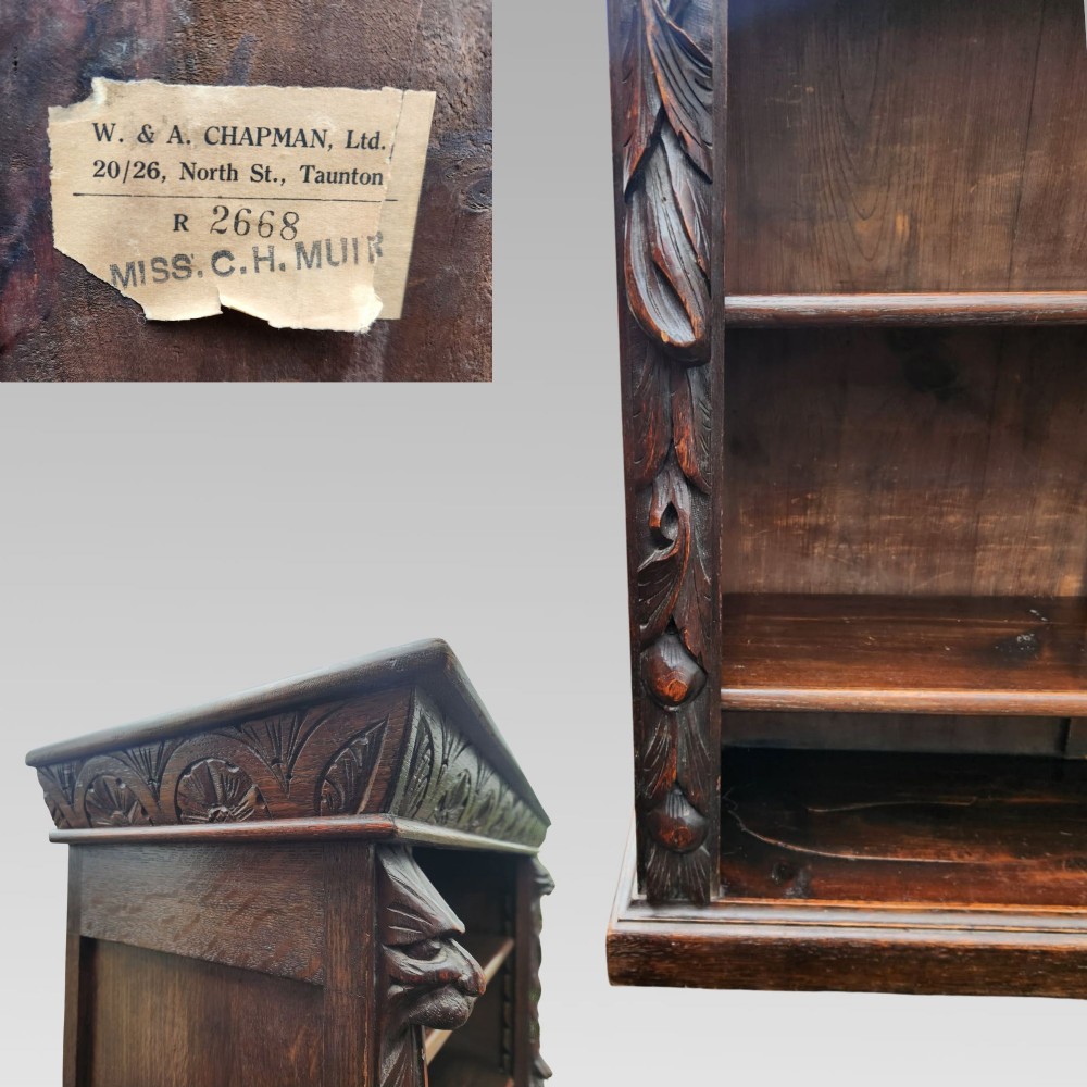 Stunning Antique Victorian Carved Oak Green Man Bookcase, Greenman Book Shelves View VI