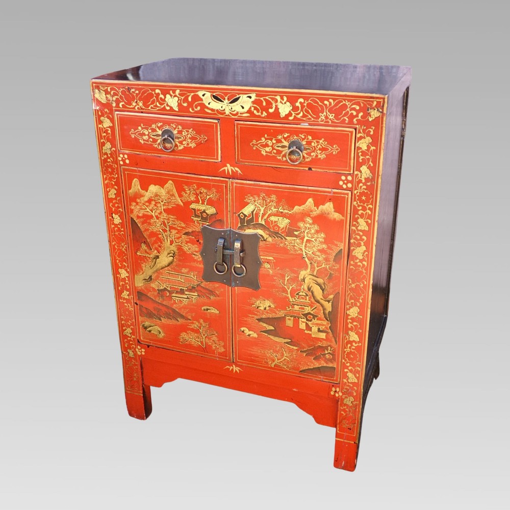 Original Quality Vintage Oriental Chinese Chinoiserie Red Laquer Storage Cabinet