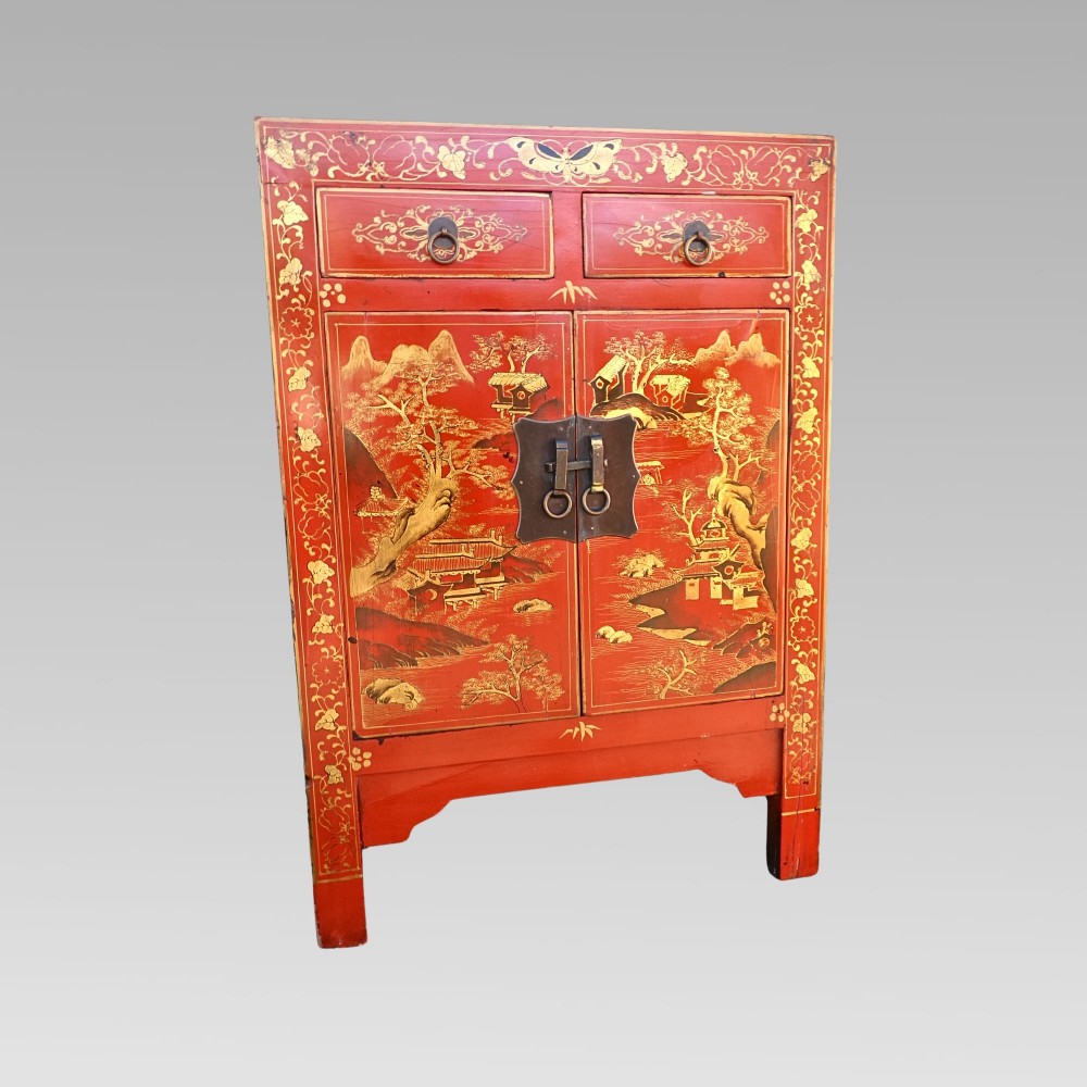 Original Quality Vintage Oriental Chinese Chinoiserie Red Laquer Storage Cabinet View II