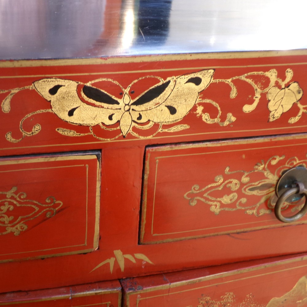 Original Quality Vintage Oriental Chinese Chinoiserie Red Laquer Storage Cabinet View V