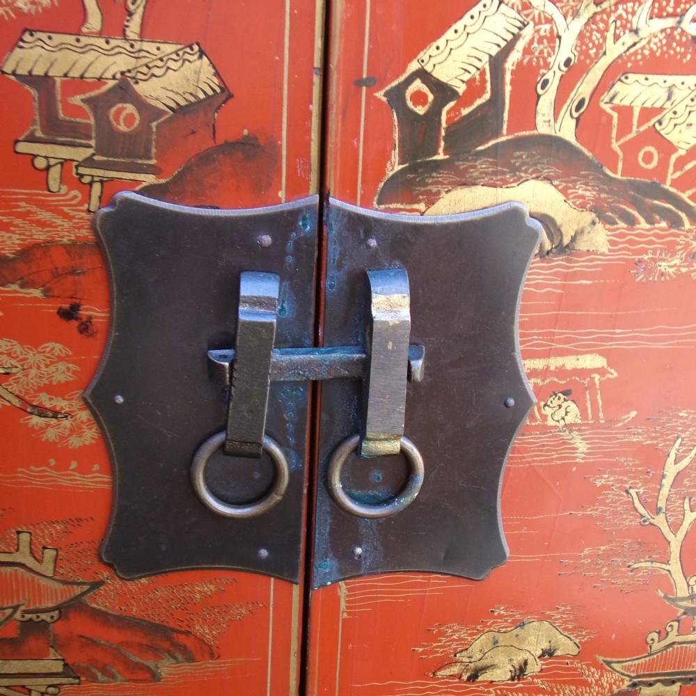Original Quality Vintage Oriental Chinese Chinoiserie Red Laquer Storage Cabinet View VI