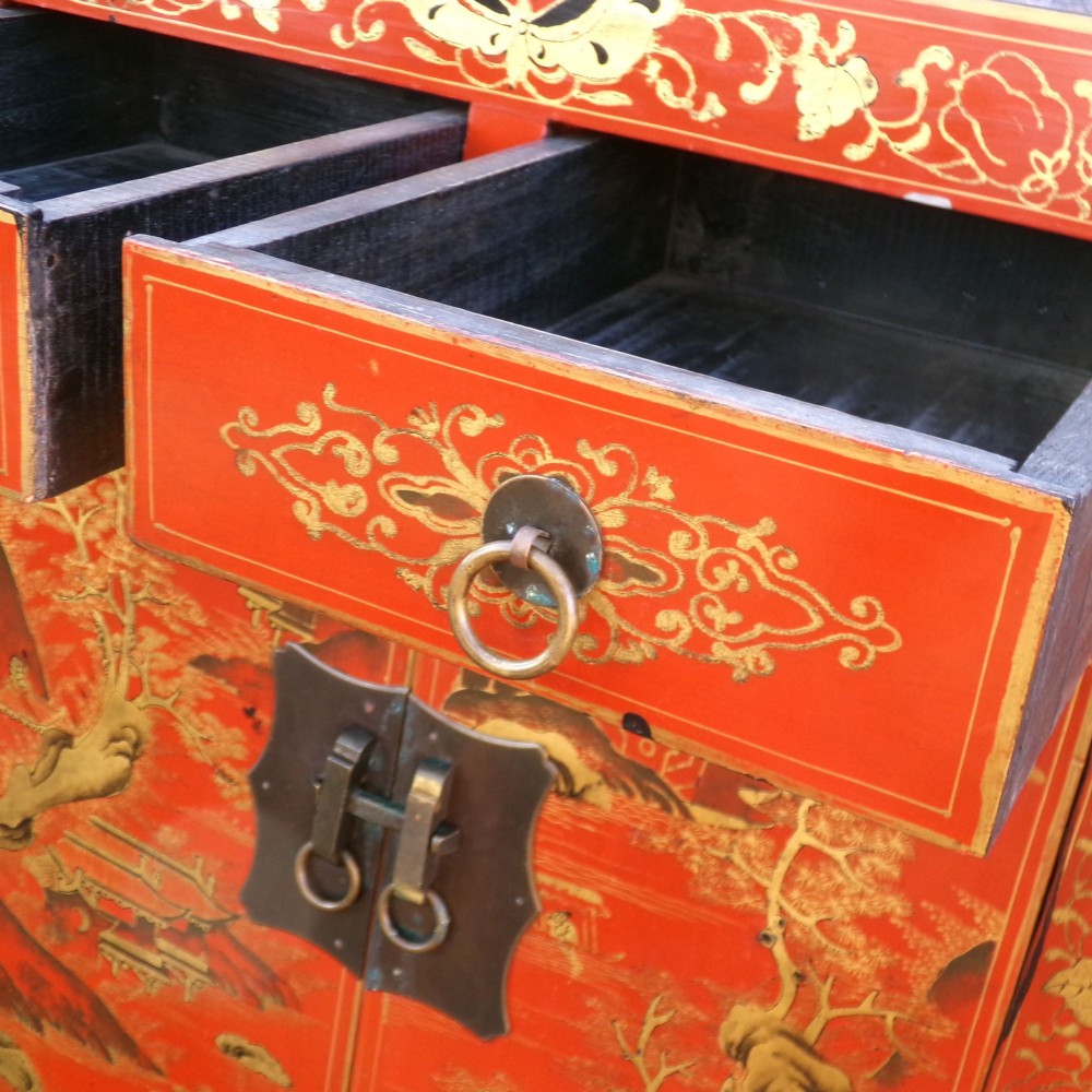 Original Quality Vintage Oriental Chinese Chinoiserie Red Laquer Storage Cabinet View VII