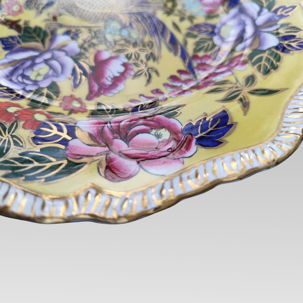 Rare Masons Ironstone Patent 652974 Yellow Ground Oriental Bird Charge Plate View VII
