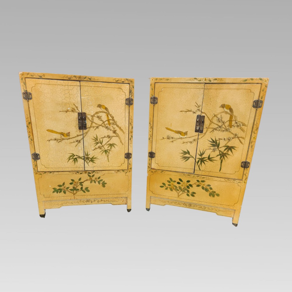 Vintage Oriental Chinese Yellow Ground Chinoiserie Bedside Tables Low Cupboards View II
