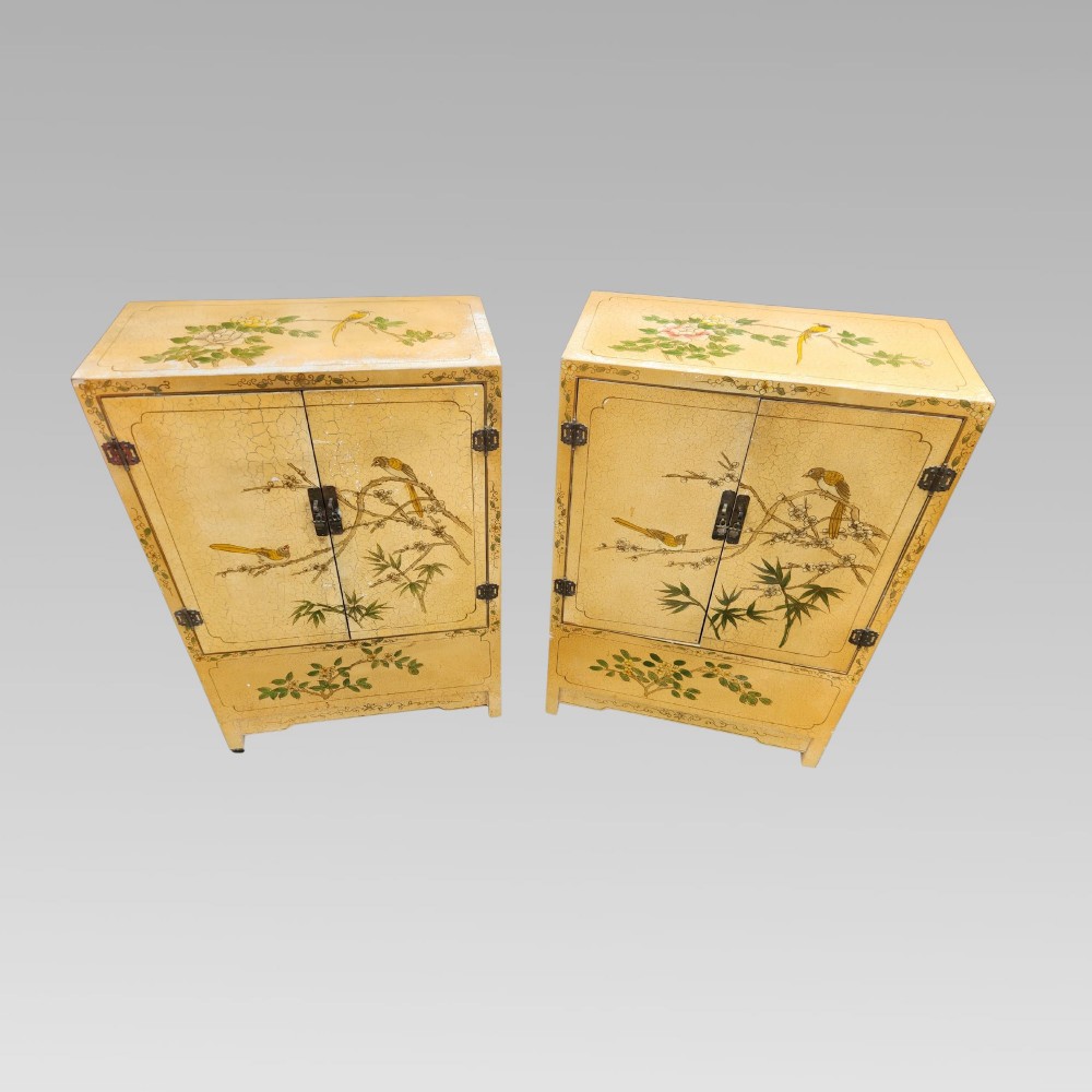 Vintage Oriental Chinese Yellow Ground Chinoiserie Bedside Tables Low Cupboards View III