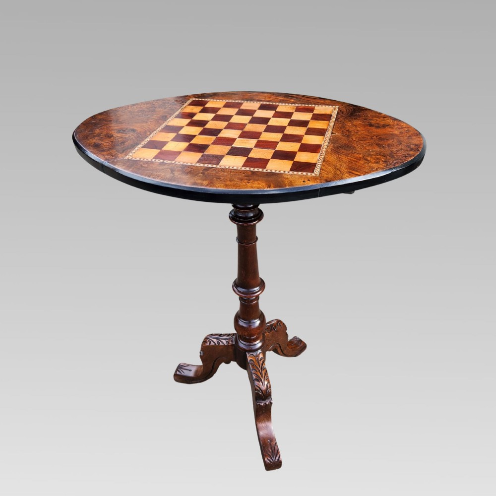 Stunning Antique Victorian Inlaid Figured Walnut Chess Side Lamp Games End Table View II