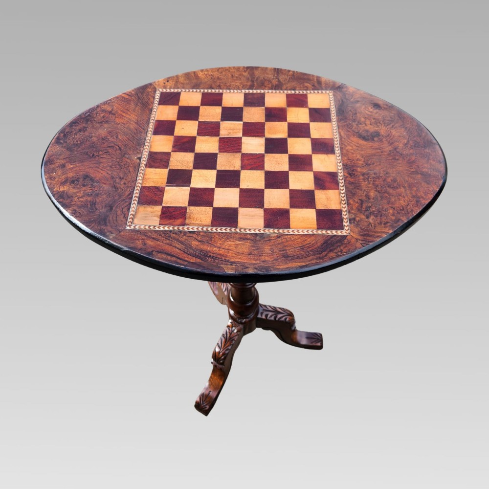 Stunning Antique Victorian Inlaid Figured Walnut Chess Side Lamp Games End Table View VII