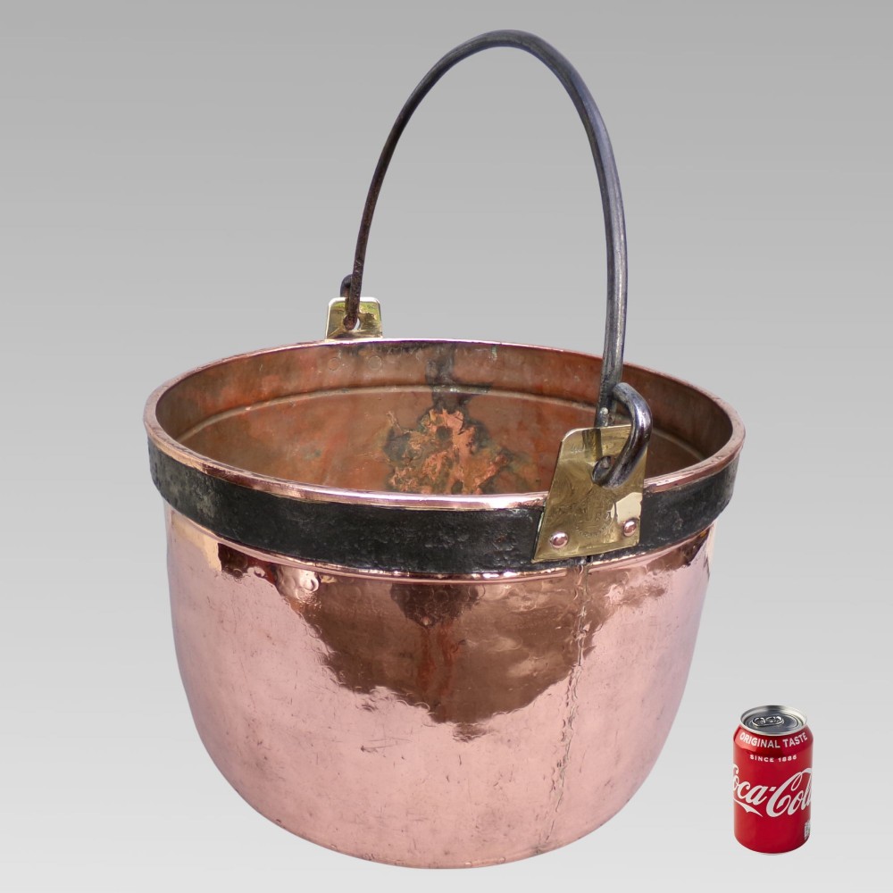 Antique 19th Century French Hammered Copper Brass Iron Bound Log Bucket Coal View II