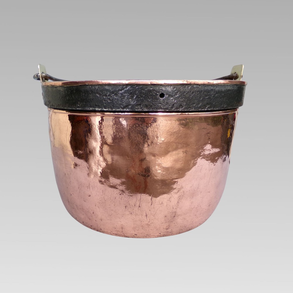 Antique 19th Century French Hammered Copper Brass Iron Bound Log Bucket Coal View IV