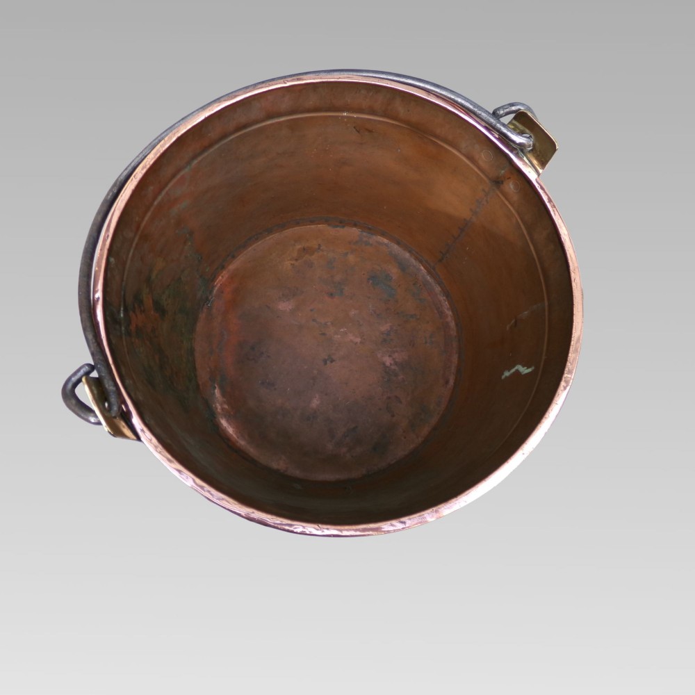 Antique 19th Century French Hammered Copper Brass Iron Bound Log Bucket Coal View VI