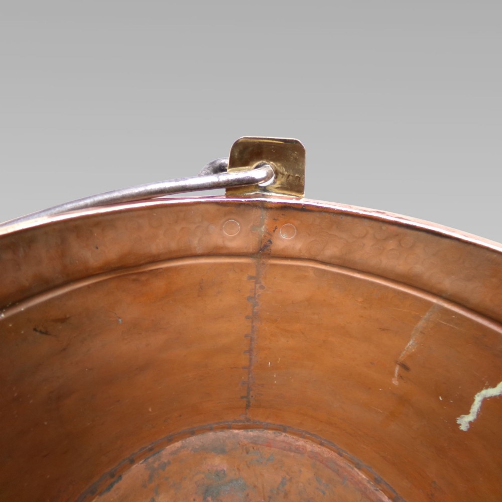 Antique 19th Century French Hammered Copper Brass Iron Bound Log Bucket Coal View VIII
