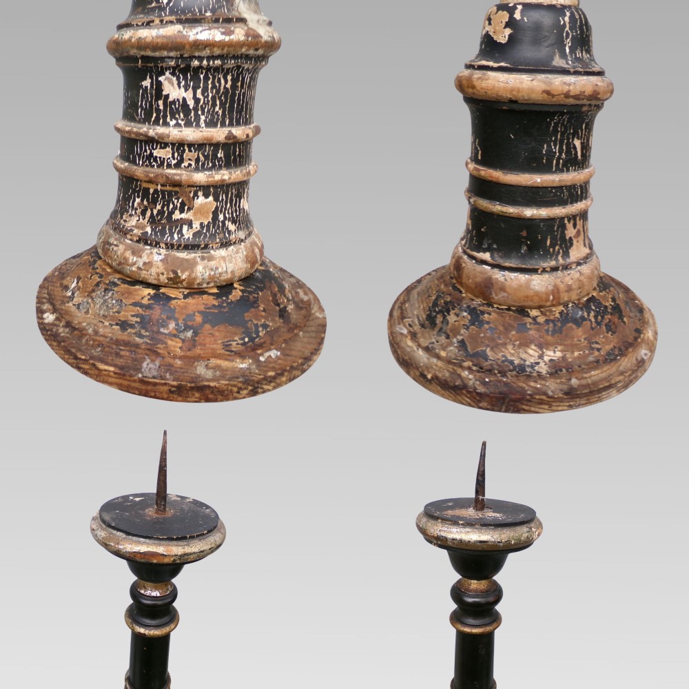 Antique 19th Black Lacquer & Gilt Italian Floor Standing Pricket Candlesticks View II