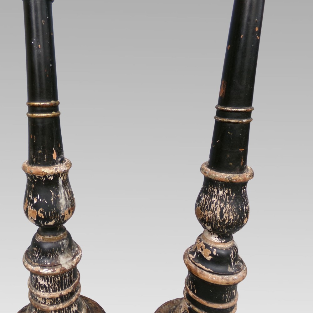 Antique 19th Black Lacquer & Gilt Italian Floor Standing Pricket Candlesticks View III